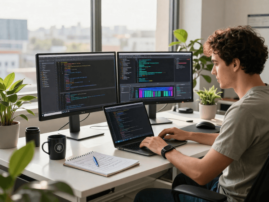 Developer engaged in coding at ne88.com workspace with vibrant displays, coffee, and notes.