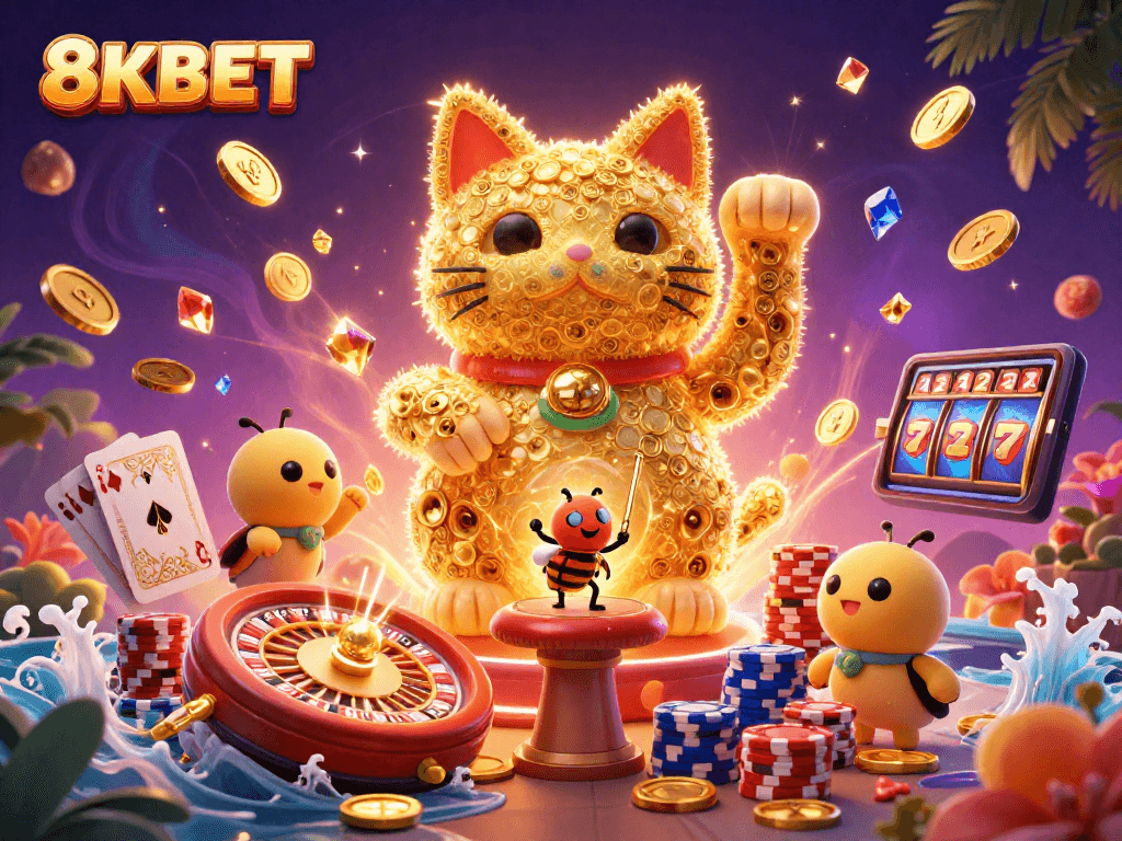 Experience the captivating world of 8KBET through this vibrant casino-themed illustration, showcasing lucky symbols.