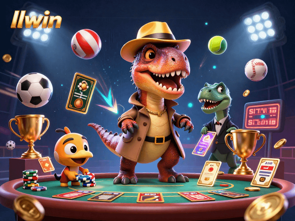 Experience thrilling gameplay at llwin with a velociraptor card counter amid vibrant casino activities.
