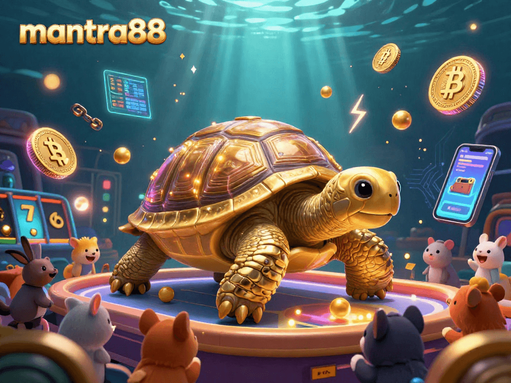 Experience the thrill of mantra88's gaming world with a dynamic illustration of a golden tortoise pinball machine surrounded by vibrant slot elements.