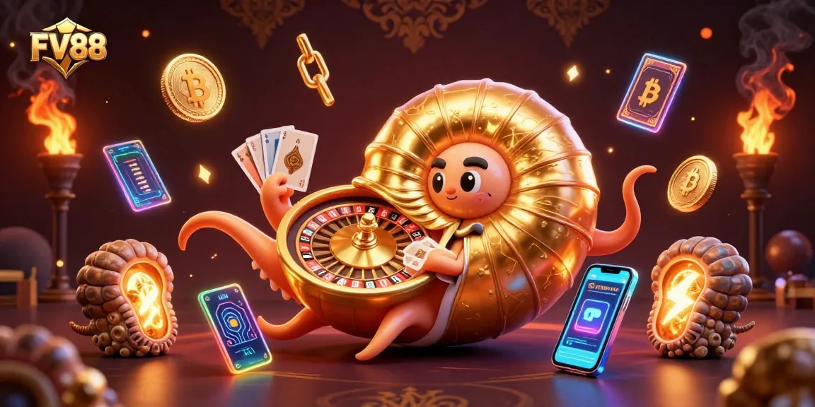 Win big at FV88 with the giant nautilus character holding cards and crypto coins.