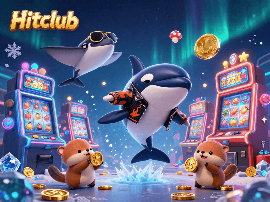 Hitclub features a 3D cartoon orca jumping by slot machines, embodying casino excitement.