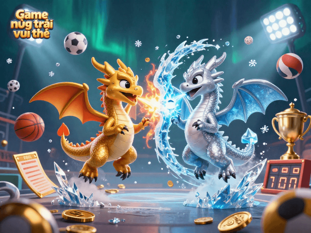 Engage with Game nông trại vui vẻ in this vibrant 3D scene showcasing dynamic sports elements and mythical dragons.