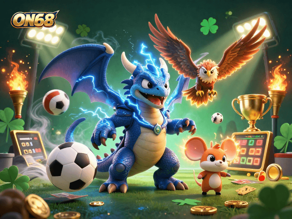 Engage in thrilling action at ON68 with vibrant dragon, hawk, and thunder mouse amidst sports betting elements.