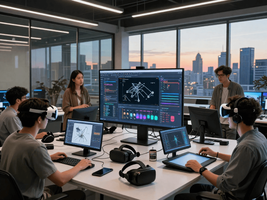 Innovative workspace showcasing nsfw ai technology with diverse team collaborating on AI art tools against a vibrant urban skyline.