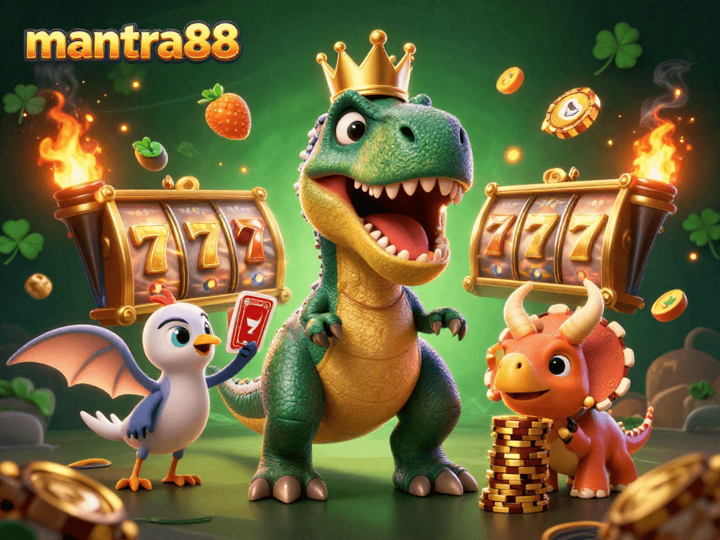 Experience thrilling gameplay with mantra88 as a T-Rex shuffles cards, showcasing dynamic slot reels.