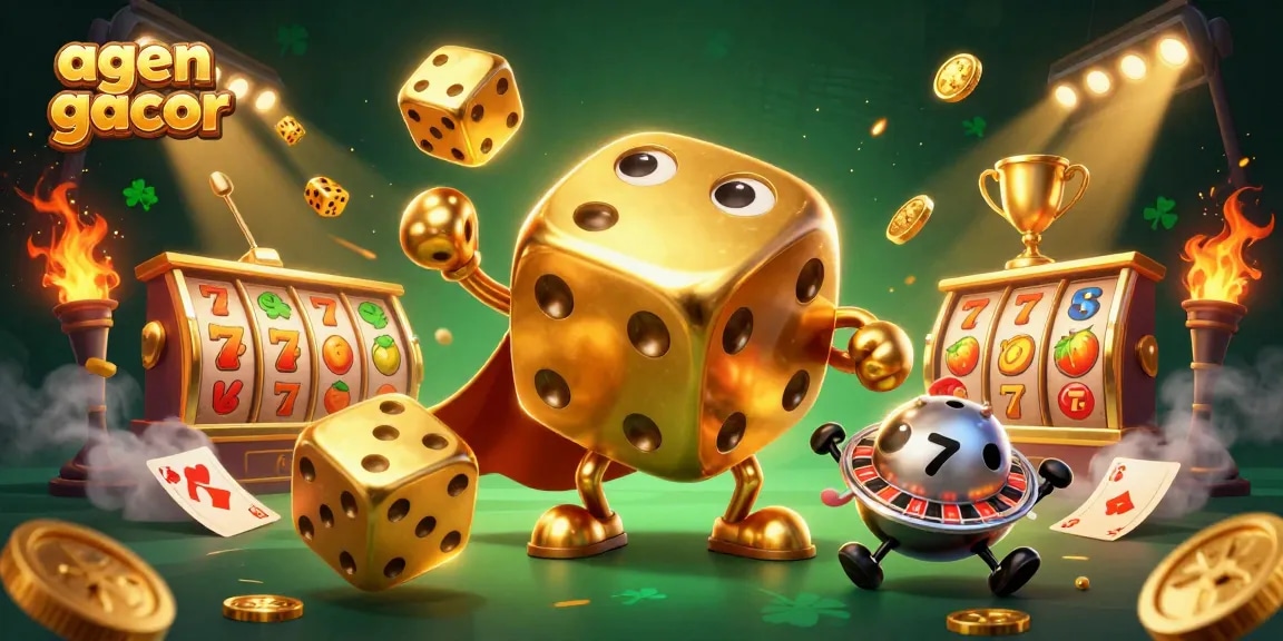 Engage with the thrilling agen gacor experience in a vibrant 3D casino scene packed with golden dice and slot machines.