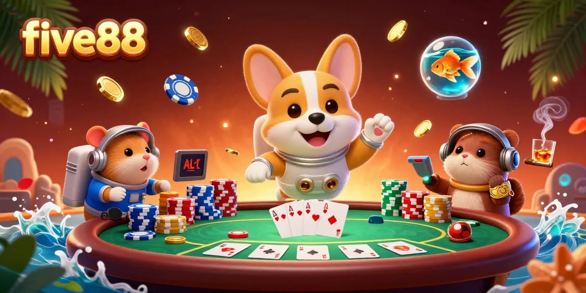 Join the exciting action at five88, where a cartoon astronaut corgi plays in a vibrant casino.