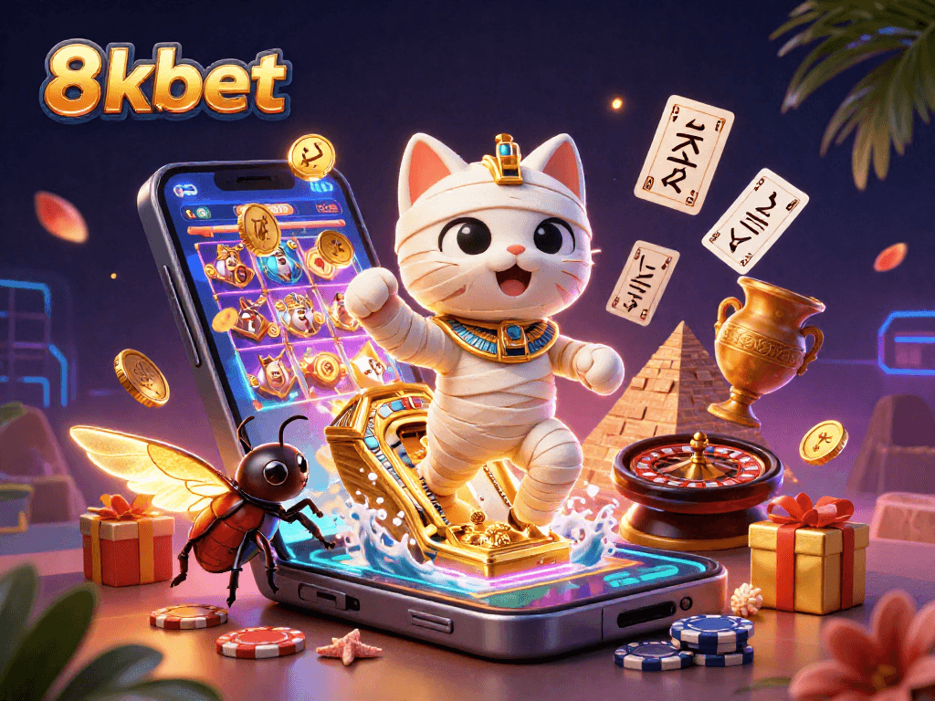 Win big with 8kbet's vibrant casino illustration featuring a mummy cat and golden scarab.