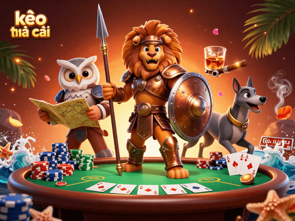 Experience kèo nhà cái excitement with a cinematic 3D casino illustration featuring poker action.