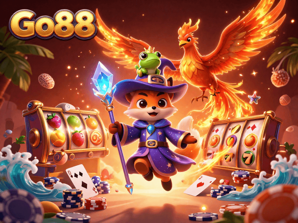 Play slots and poker with Go88 in this vibrant, energetic casino scene showcasing magical characters.