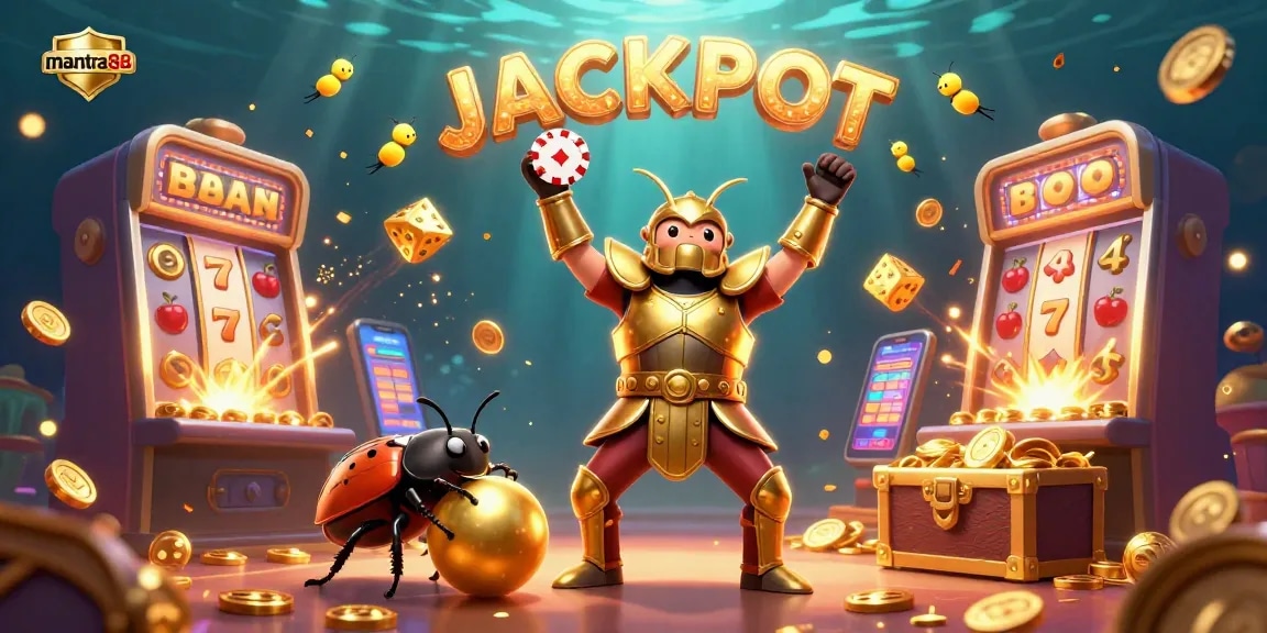 Experience thrilling wins with mantra88 as the hercules beetle celebrates a jackpot with golden coins and vibrant casino symbols.