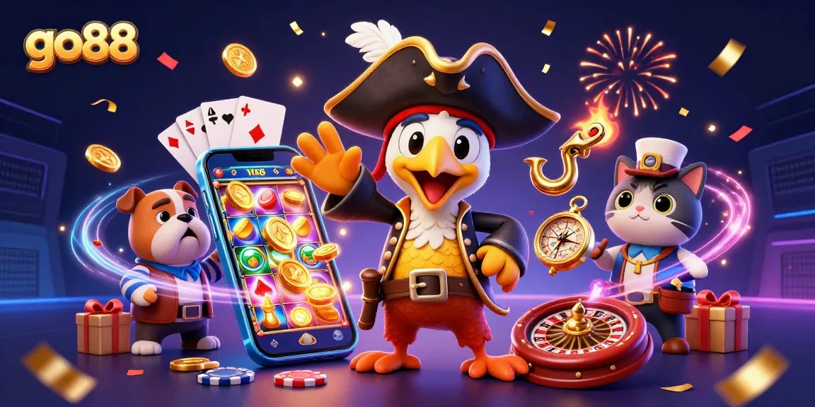 Engage with thrilling go88 mobile slots as a pirate captain and crew surround colorful casino elements.