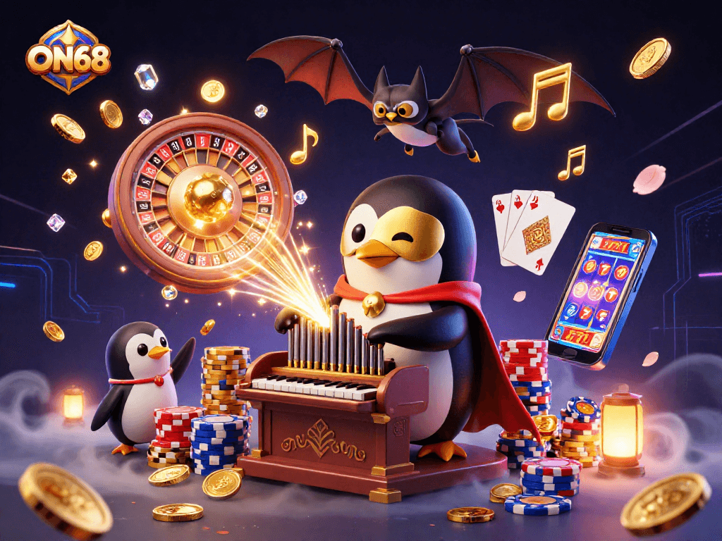 Experience the excitement of ON68 with a vibrant 3D scene of a penguin playing organ, surrounded by cascading gold coins.