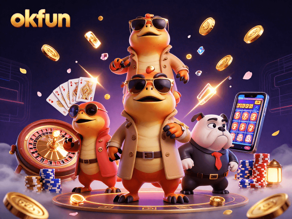 Experience the vibrant energy of okfun with raptors in disguise at a VIP casino lounge, surrounded by dynamic gaming elements.