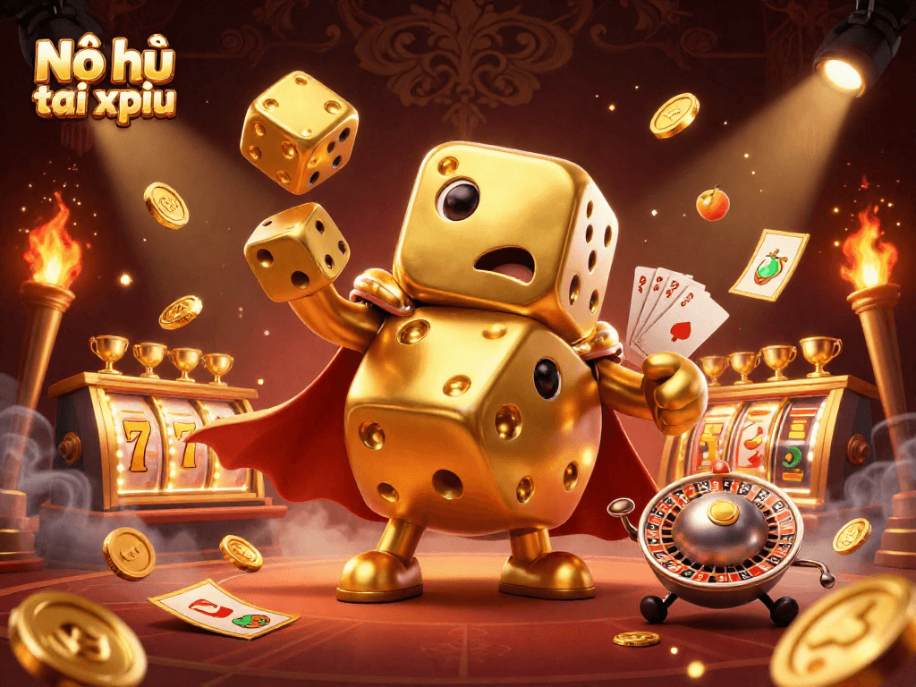 Engage in Nổ hũ tài xỉu with a dynamic scene featuring golden dice, slot reels, and exciting betting elements.