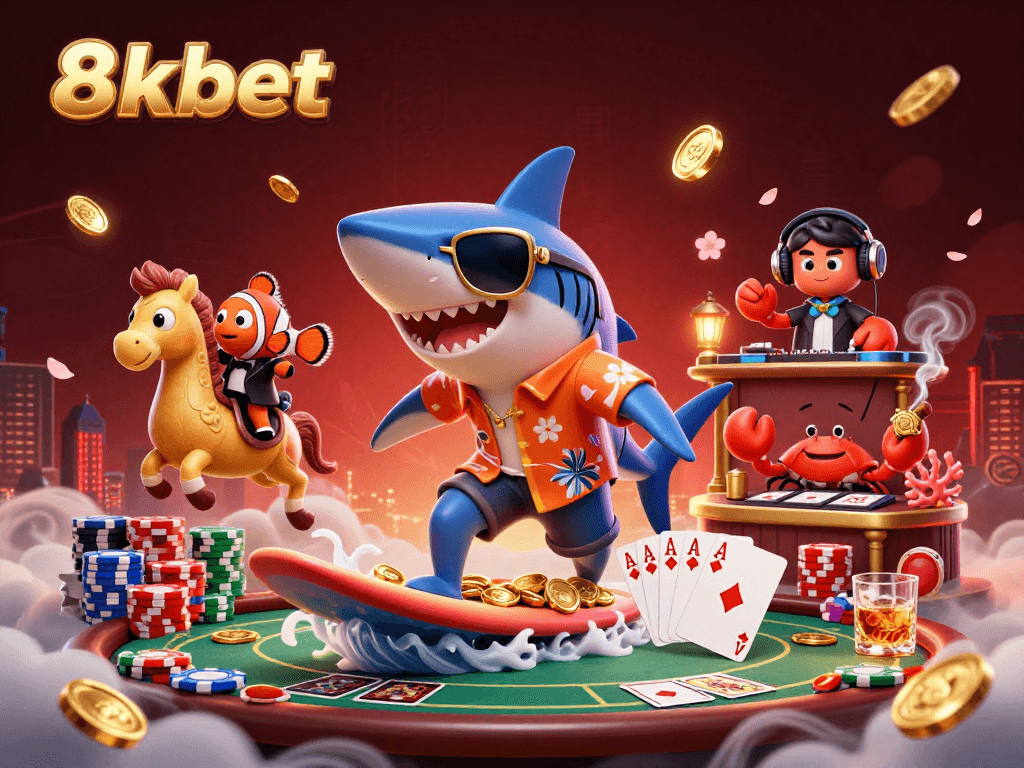 Enjoy thrilling games at 8xbet with a vibrant casino scene featuring dynamic characters and gaming elements.
