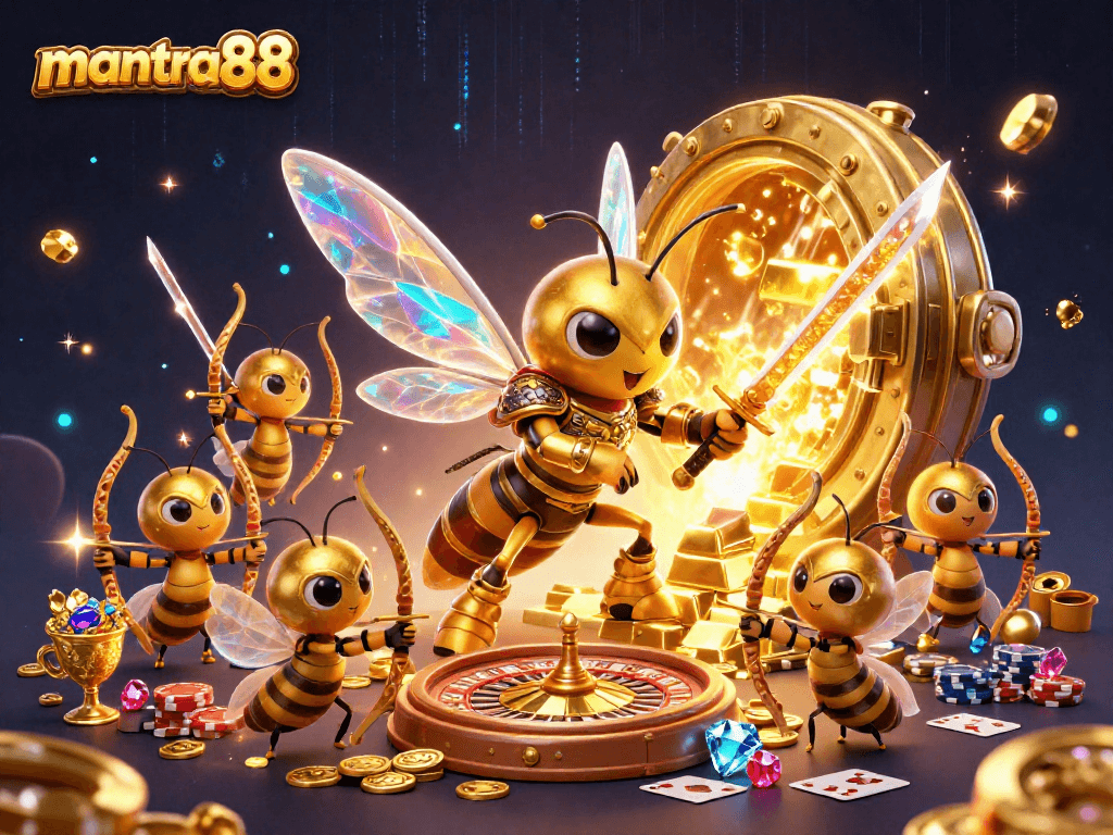 Experience the excitement of mantra88 with a dynamic showdown featuring a golden hornet samurai and a treasure vault.