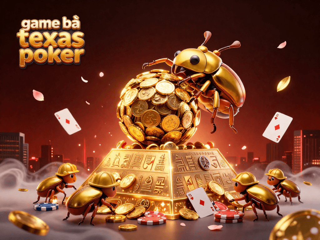 Experience game bài texas poker with vibrant poker elements and golden treasures illustrated in a dynamic scene.