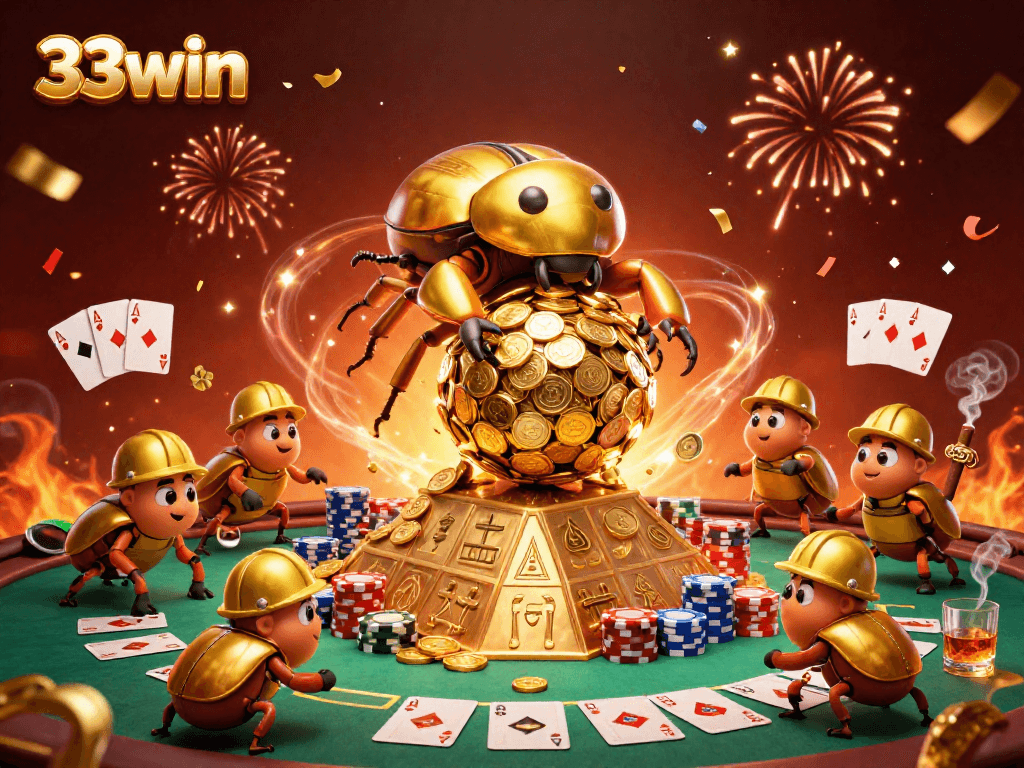33win showcases a vibrant casino scene with a golden beetle rolling coin treasures.