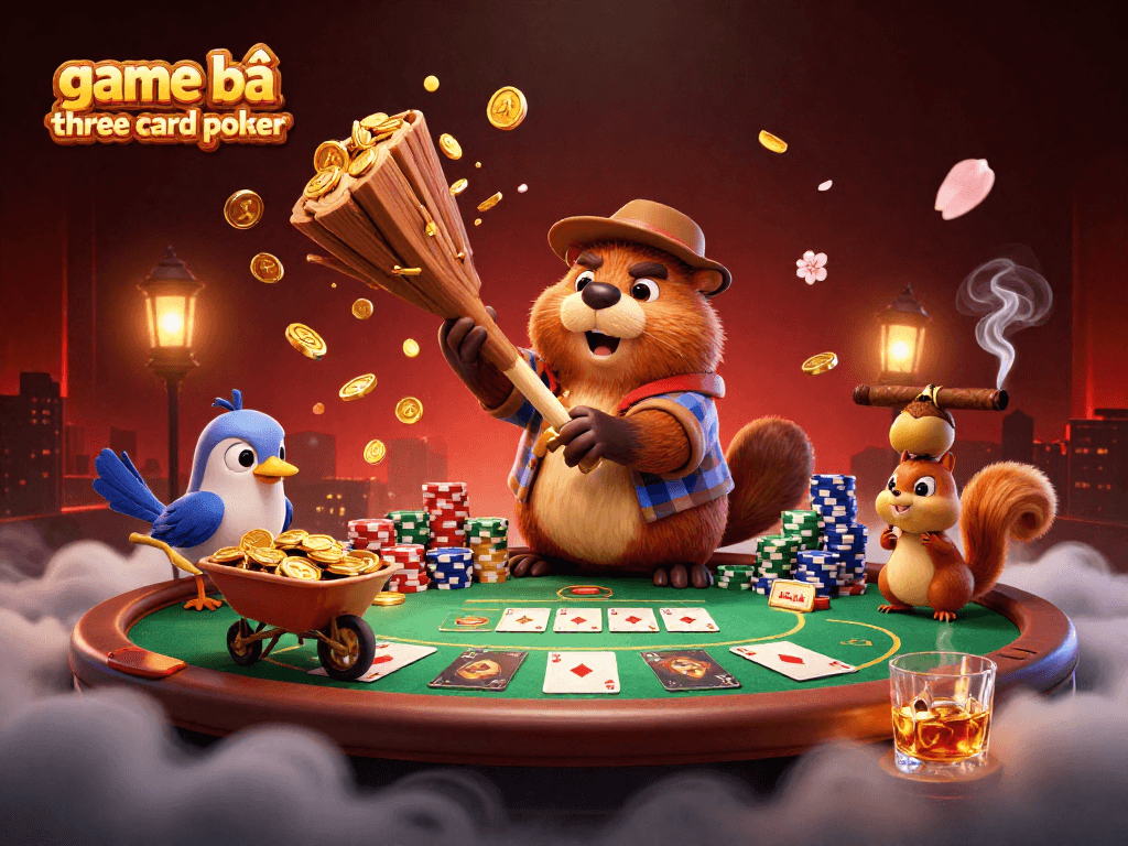 Win big with game bài three card poker as our beaver hero collects coins in a fun casino scene.
