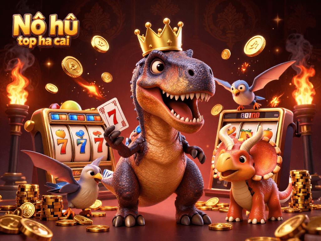 Nổ hũ top nha cai represents vibrant slot gaming, featuring a T-Rex and dinosaur-themed characters at a casino.