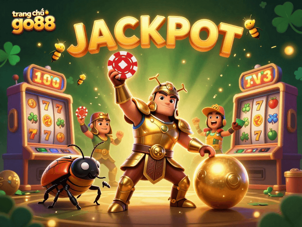 Win big with trang chủ go88: A vibrant 3D illustration showcasing a hercules beetle celebrating with a jackpot!