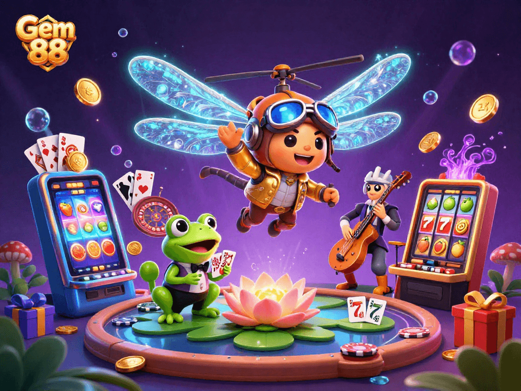 Experience thrilling wins at Gem 88, featuring vibrant slot reels and lively casino characters.