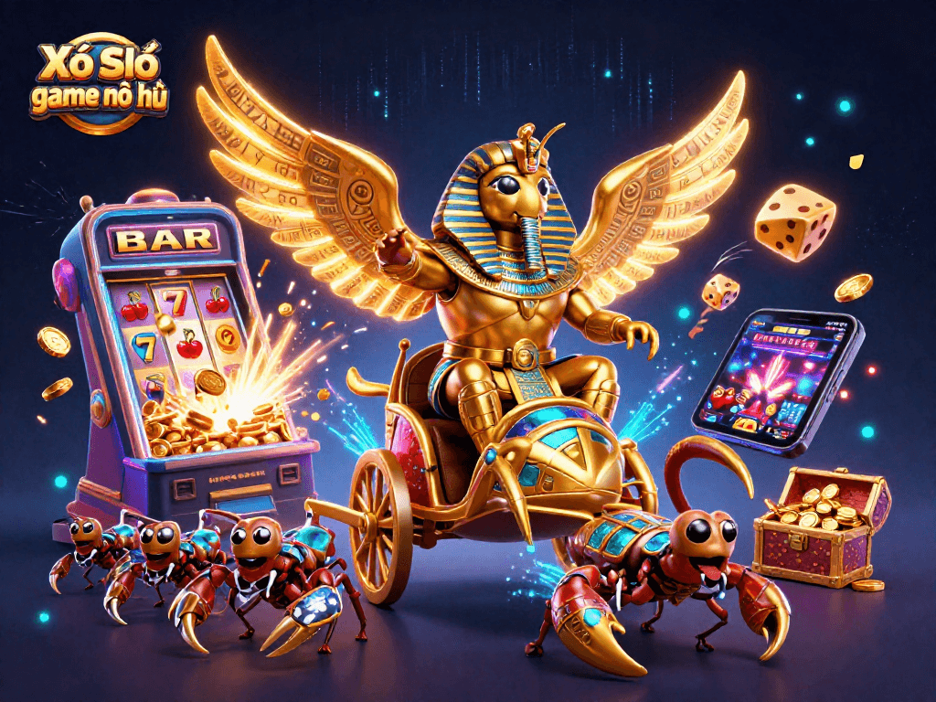 Engage in the thrilling Xổ Số game nổ hũ, showcasing a golden scarab beetle, dynamic slot machine, and vibrant casino elements.