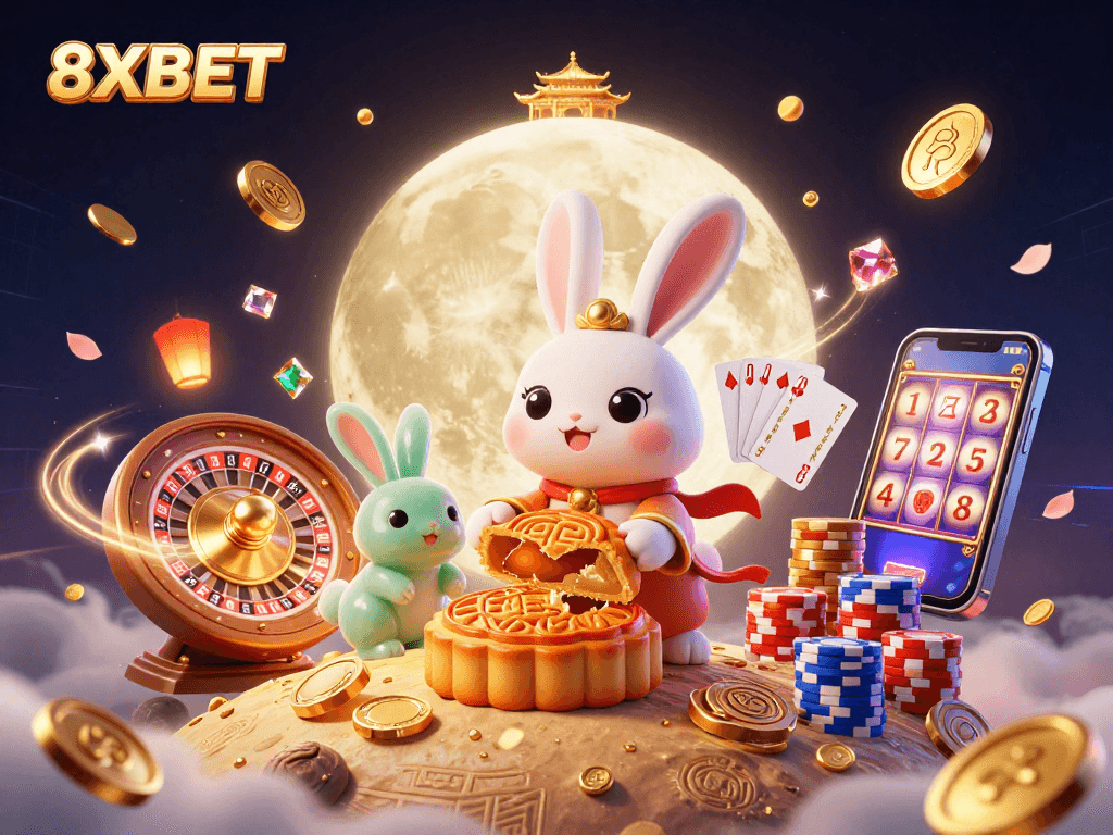 Engage with 8XBET's vibrant online gaming world through colorful poker chips and golden coins.