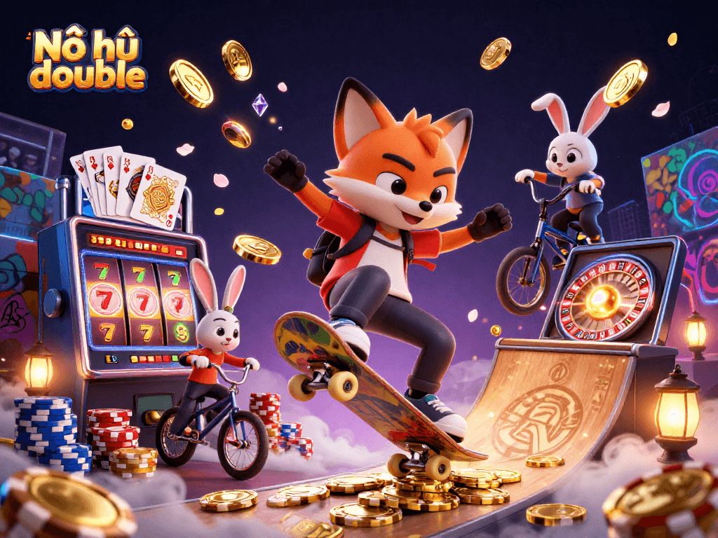 Experience the excitement of Nổ hũ double as a fox and rabbit conquer the casino scene with vibrant elements.