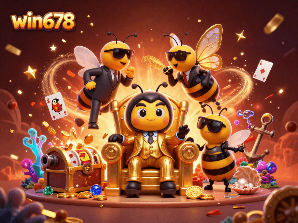Engage with win678's thrilling slots, as vibrant bumblebee mob boss oversees the action in a lavish casino.