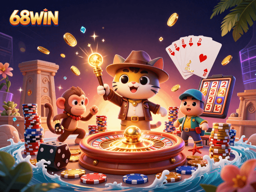 Engage with 68WIN's thrilling adventure through a captivating casino-themed scene filled with golden treasures and vibrant game elements.