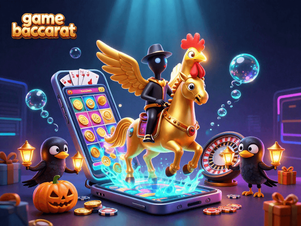 Experience game baccarat excitement with a golden rooster and spectral horse in a vibrant casino scene.