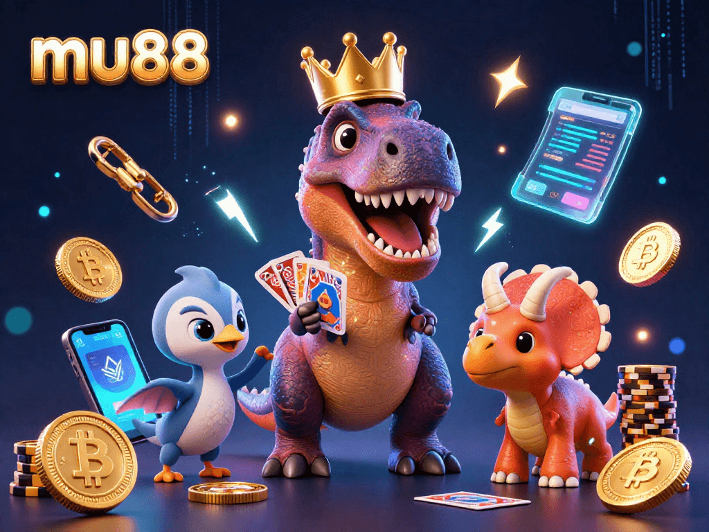 Join mu88 in this exciting 3D scene of a T-Rex shuffling cards and a triceratops stacking chips!