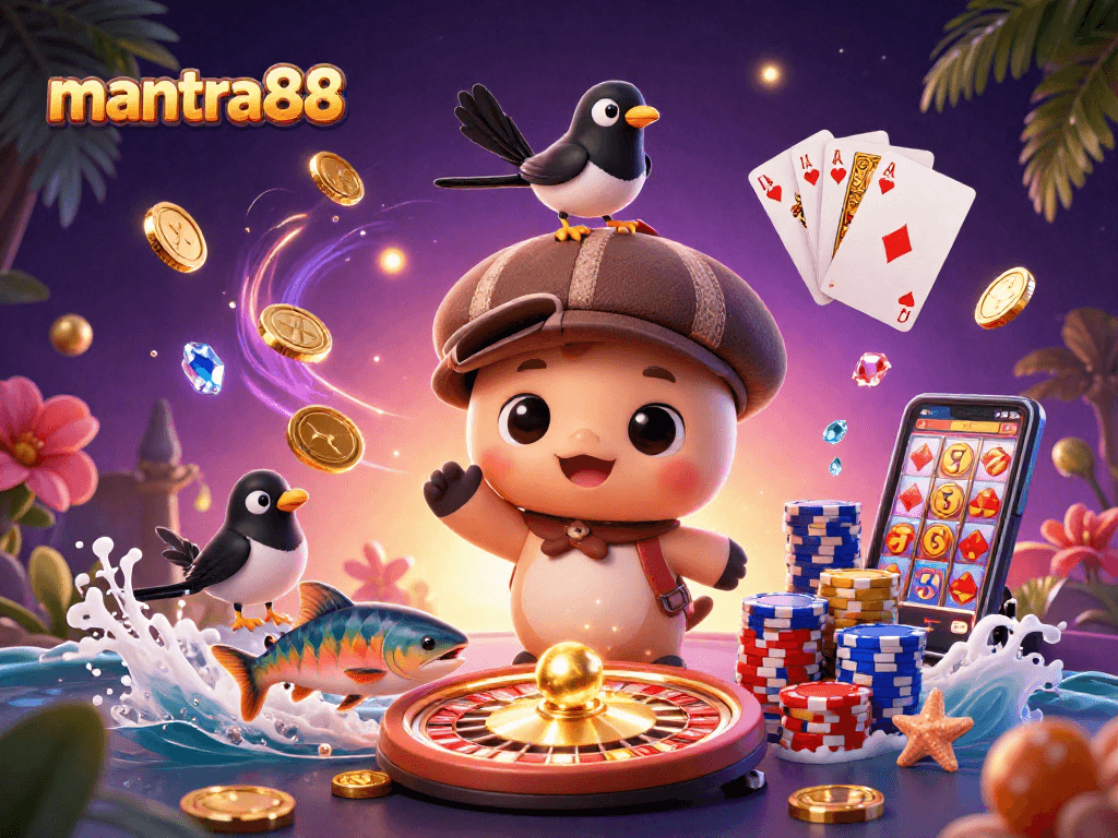 Play and win with mantra88 featuring cartoon characters in a vibrant casino scene, including golden coins and gaming elements.