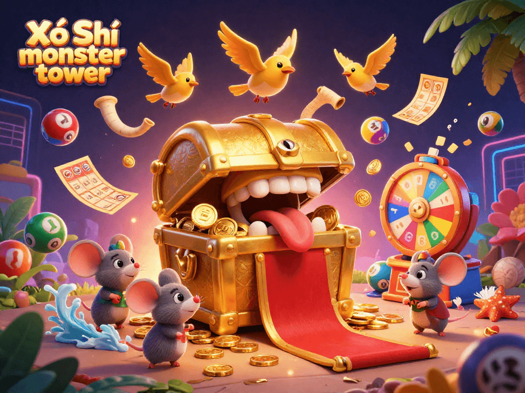 Xổ Số monster tower brings vibrant lottery excitement with dynamic balls and treasure chests in a colorful scene.