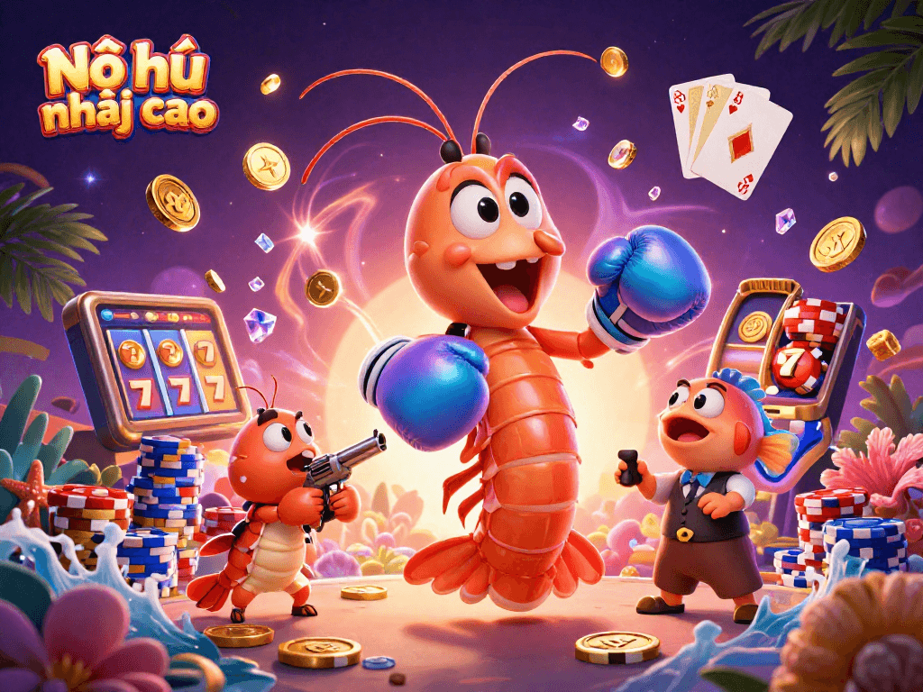 Nổ hũ nhảy cao experience with vibrant slots and 3D character action in a lively casino scene.