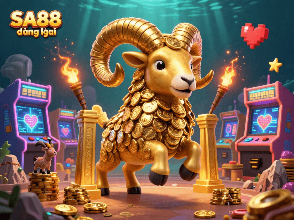 Experience the excitement of SA88 đăng nhập with a vibrant 3D casino scene, featuring a golden ram charging towards a jackpot.