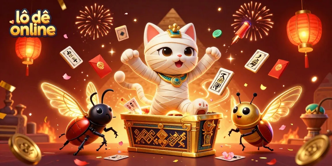 Engage in thrilling lô đề online experiences with a vibrant 3D scene of a magical mummy cat and a scarab beetle.