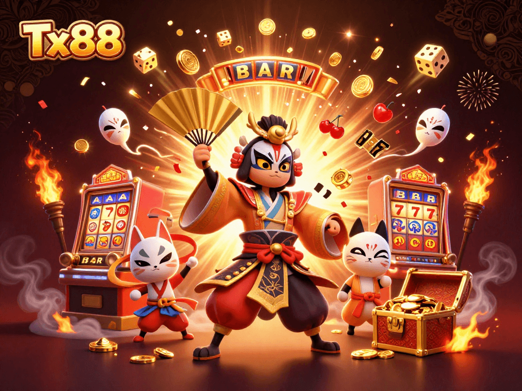 Experience thrilling gameplay at Tx88 with a kabuki warrior and exciting casino elements.
