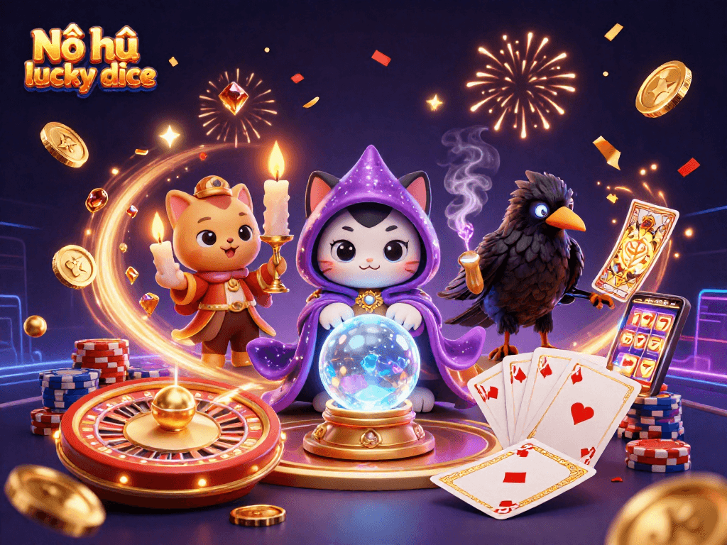 Nổ hũ lucky dice features a vibrant casino scene with mystical characters, dazzling gems, and flying coins.