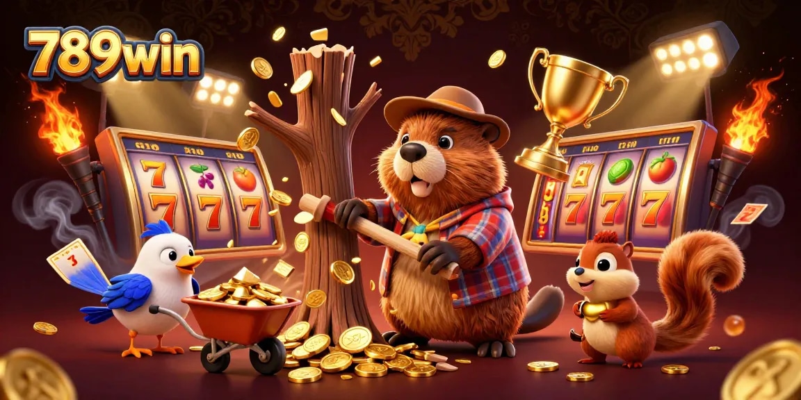 Experience the thrill of 789win with a lively scene of gambling cartoon elements and golden coins.