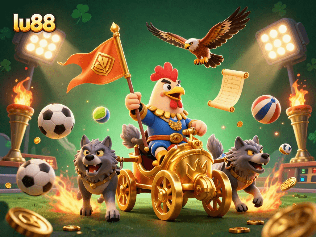 Engage with exciting sports bets at lu88 featuring dynamic elements like sports balls and trophies.