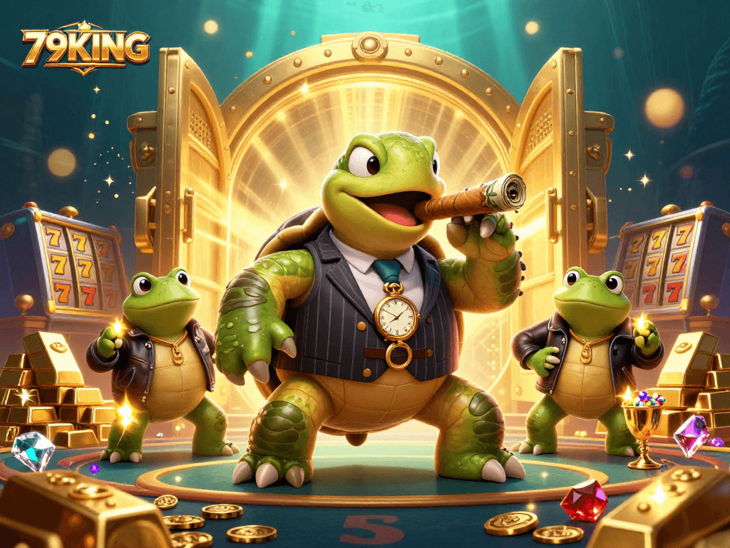 Winning with 79KING: Experience casino thrills featuring a turtle and bullfrogs.