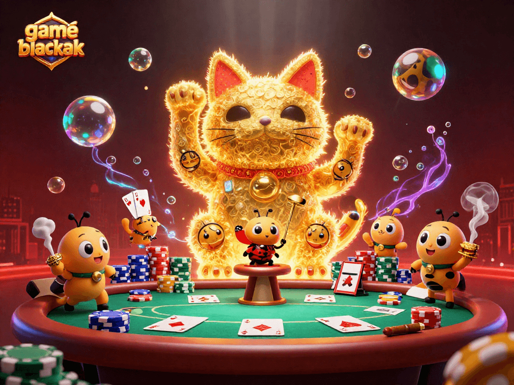Play game blackjack with dynamic characters and vibrant casino elements in an engaging 3D scene.