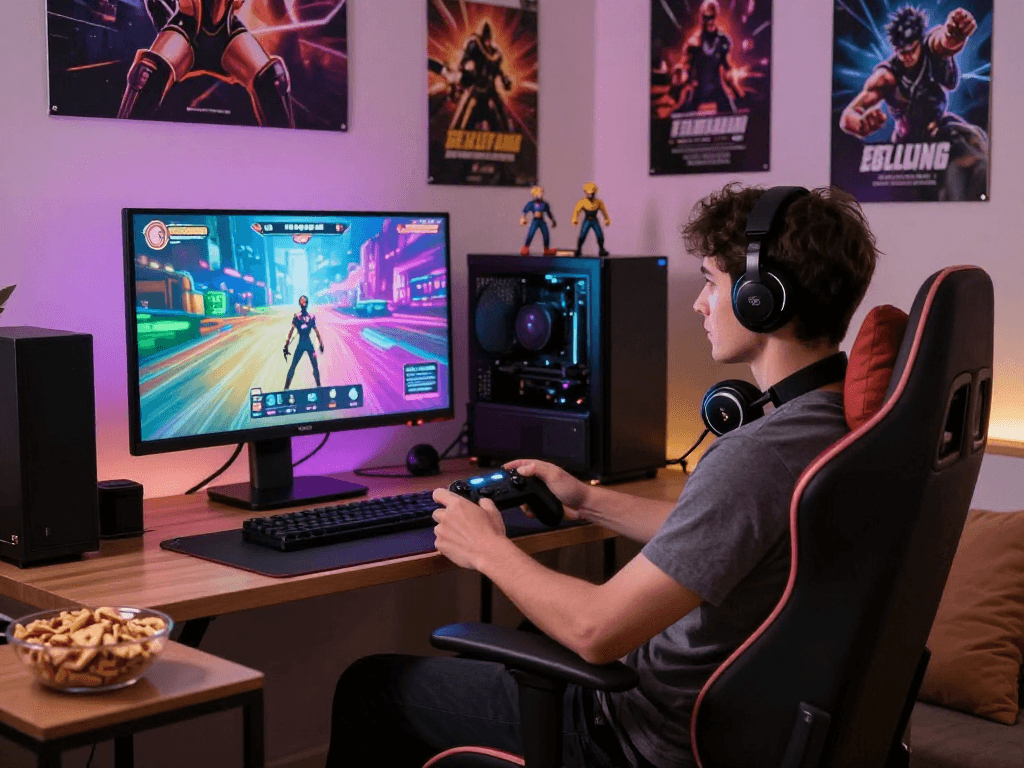 Engaging scene of a gamer playing porn games in a cozy home setup.