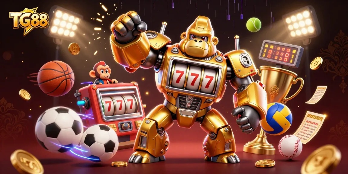 Experience excitement at TG88 with a dynamic scene of a golden gorilla mech, sports elements, and casino thrill.