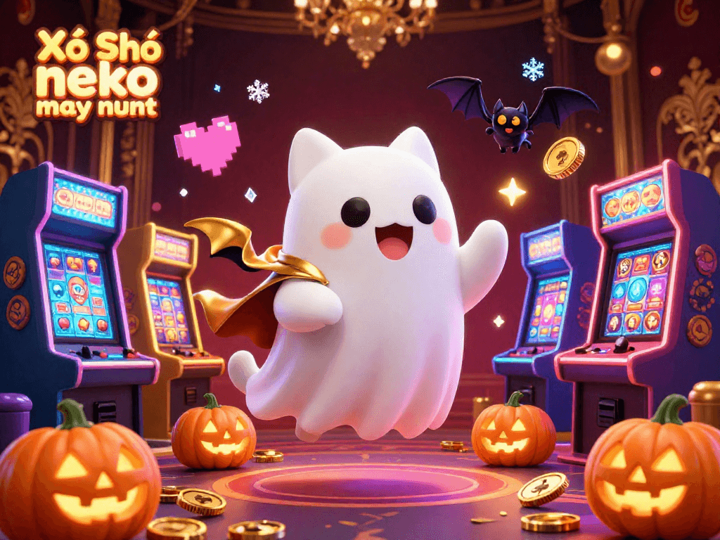Xổ Số neko may mắn captures a 3D ghost cat in a lively casino scene with vibrant characters and neon game elements.