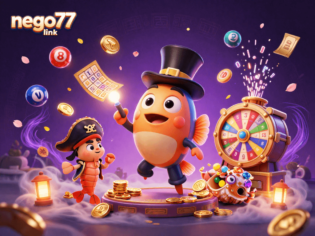 Experience the thrill of the casino with the nego77 link in this vibrant undersea illustration.